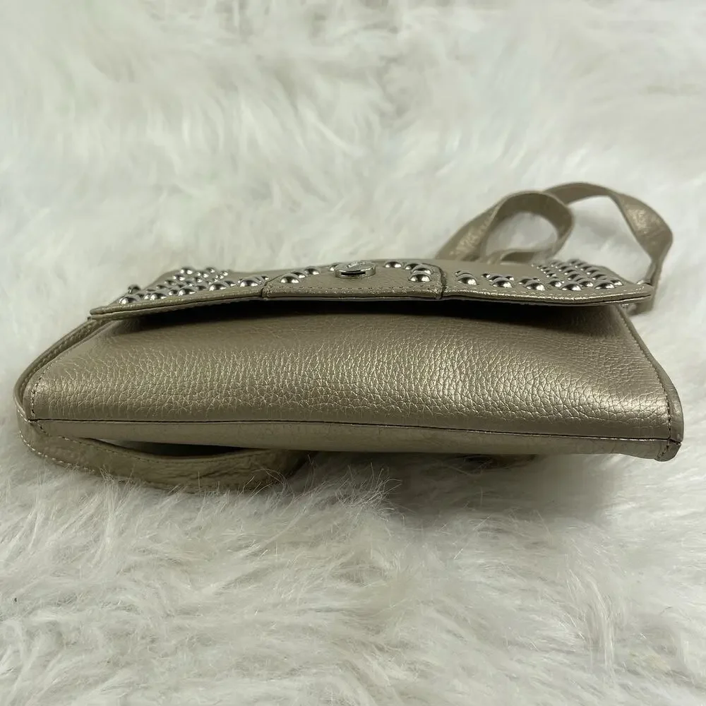 GRACE ADELE Gold Leather Clutch With Leather Flower Crossbody Style